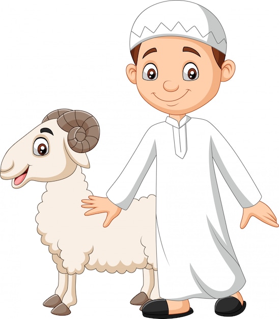 Cartoon Muslim boy holding a goat