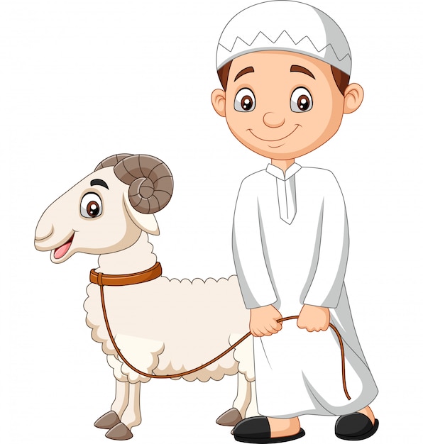 Cartoon Muslim boy with a goat