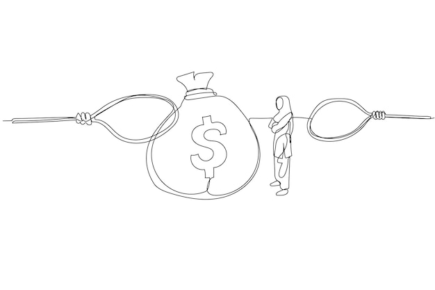 Cartoon of muslim business woman looking into big money bag standing among trap Single continuous line art