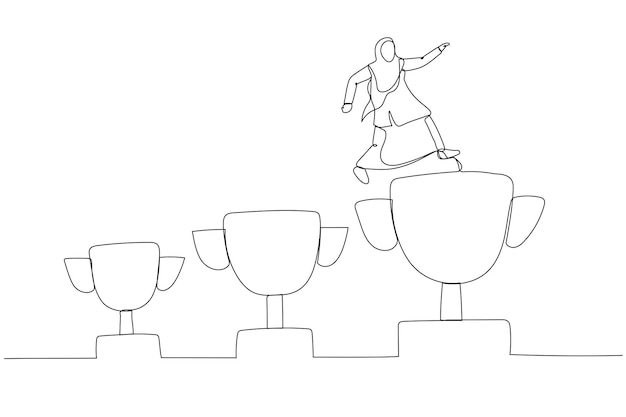 Cartoon of muslim businesswoman jumping from small win trophy to get bigger one goal Single continuous line art style