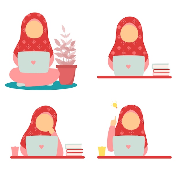 cartoon muslim girl working on laptop