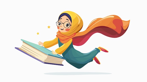 Vector cartoon muslim schoolgirl flying on a book