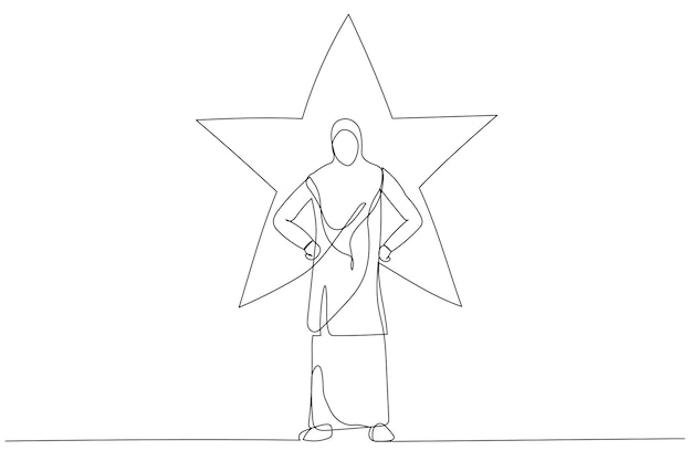 Cartoon of muslim woman standing with glowing star on his background Single line art style