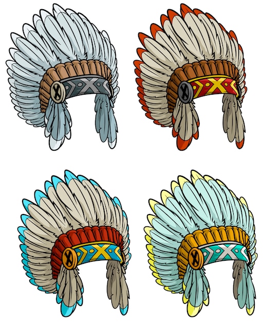 Vector cartoon native american indian chief headdress set