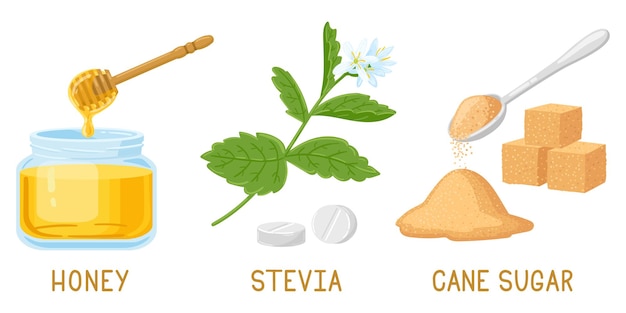 Cartoon natural sweeteners. Honey, stevia pills and plants, brown cane sugar cubes isolated vector illustration set. Natural organic sweeteners. Alternative sugar and sweet, organic stevia and honey