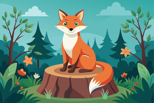 Vector cartoon of the nature scene with a fox sitting on tree stump and hyena