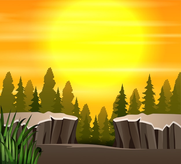 Vector cartoon a nature sunset scene background