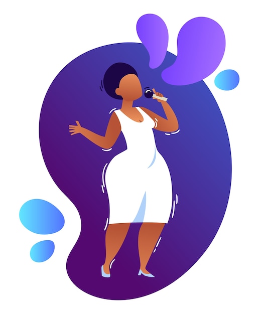 cartoon neon illustration of female african jazz, soul singer with microphone in white dress.