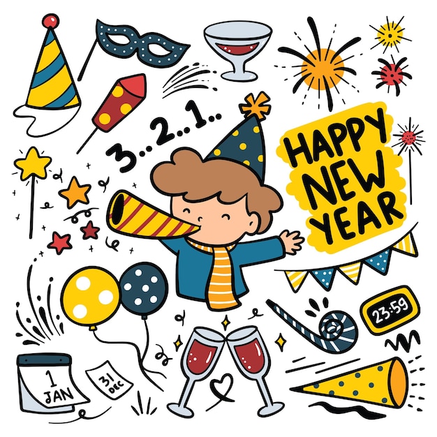 Cartoon New year party, sketchy hand drawn illustration