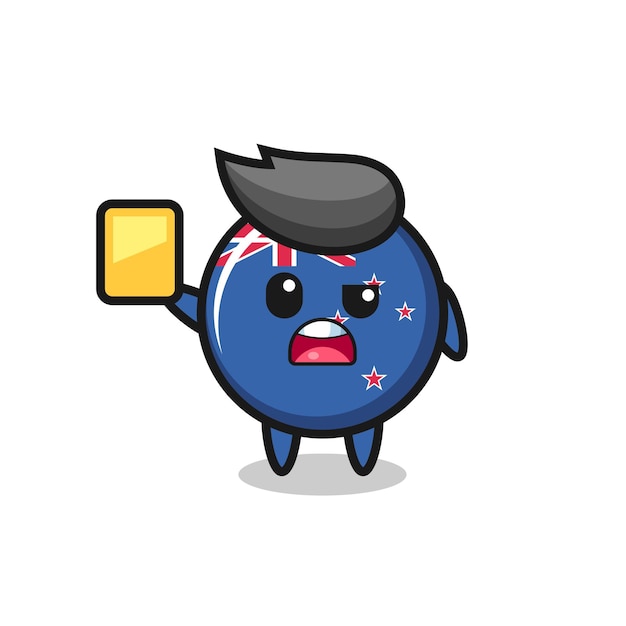 Cartoon new zealand flag badge character as a football referee giving a yellow card