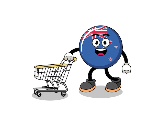 Cartoon of new zealand flag holding a shopping trolley