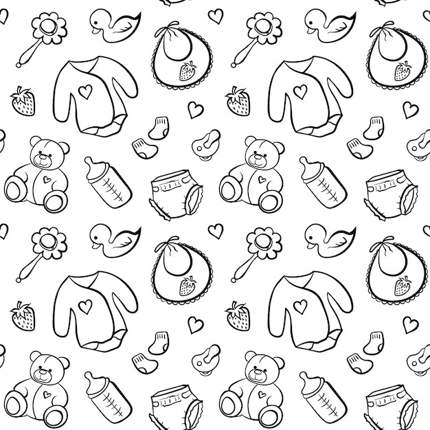 Cartoon newborn baby clothes toys things monochrome black and white line art vector seamless pattern texture background