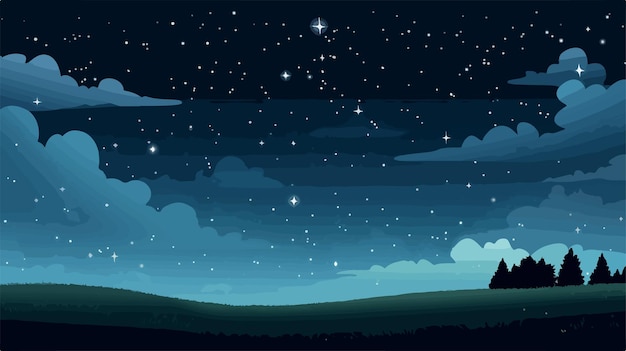 Vector a cartoon of a night sky with stars and a field