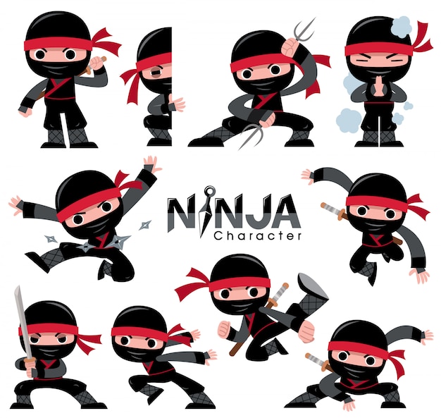 Cartoon Ninja character set. fighting poses