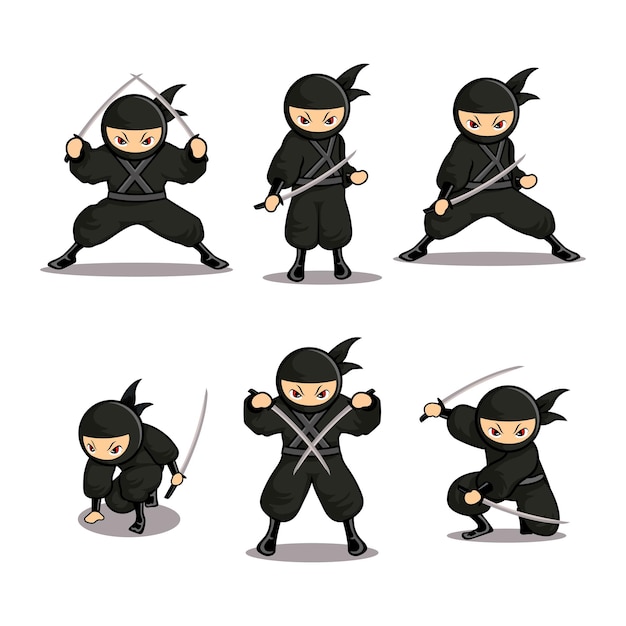 Cartoon ninja set with six different moves