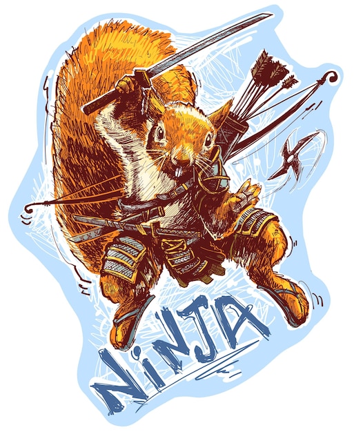 Cartoon ninja warrior squirrel with bow and arrows holding samurai sword and throwing shuriken. Vector on blue background.