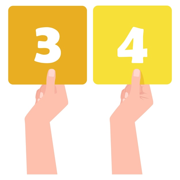 Cartoon numbers 3 and 4 on a square tablet in hand