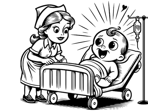 Cartoon nurse caring for newborn in hospital children coloring book generative ai