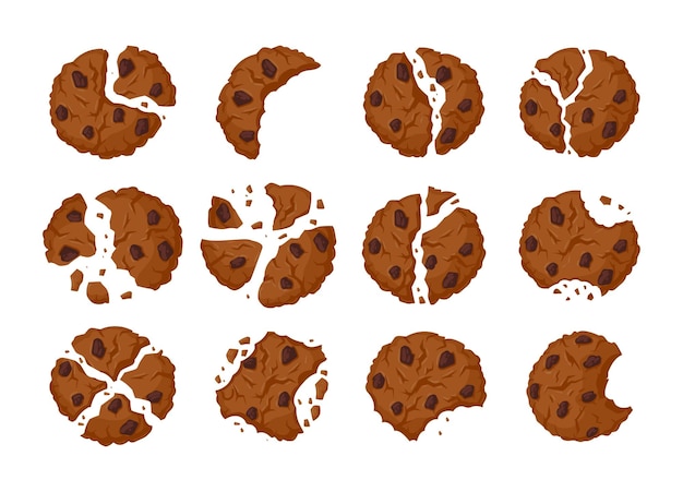 Cartoon oatmeal cookies pieces Bitten broken and chocolate chips cookie crumbs Sweet crunchy broken cookies flat vector illustration set