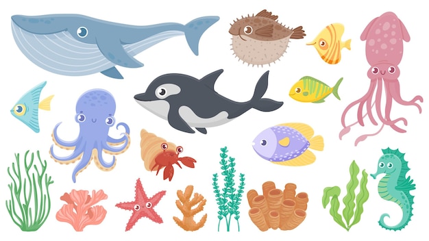 Cartoon ocean animals. Funny blue whale, cute hedgehog fish and orca 