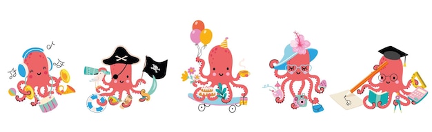 Cartoon octopus multitasking cartoon squid Octopus painter pirate and musician Cute sea animal birthday party and shopping nowaday vector characters