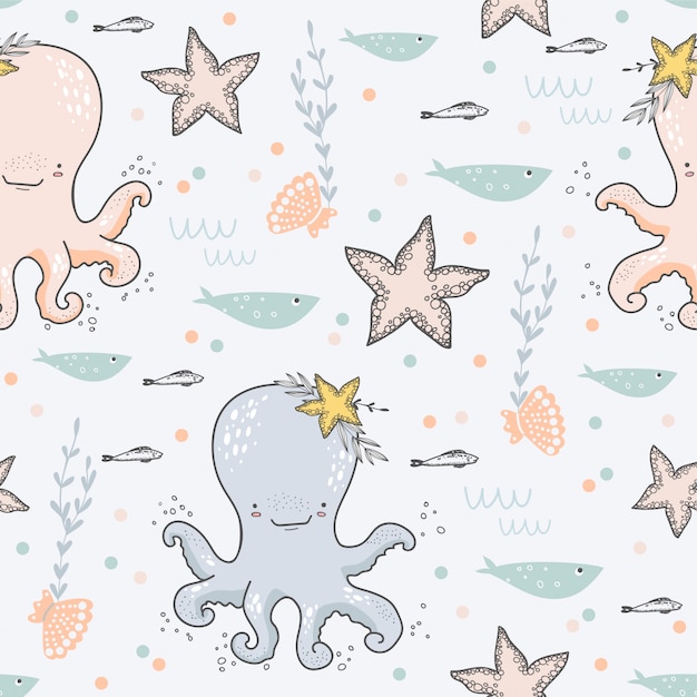 Cartoon octopus seamless pattern. Ocean animals.