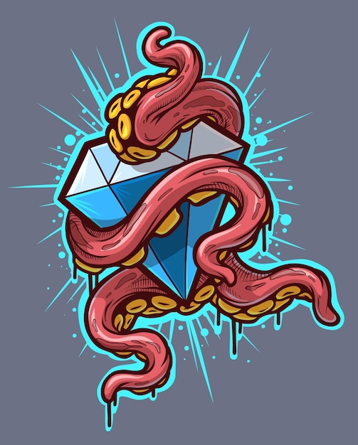 Cartoon octopus tentacles with diamond