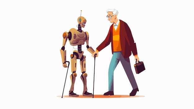 Vector a cartoon of an old man with a robot and a robot