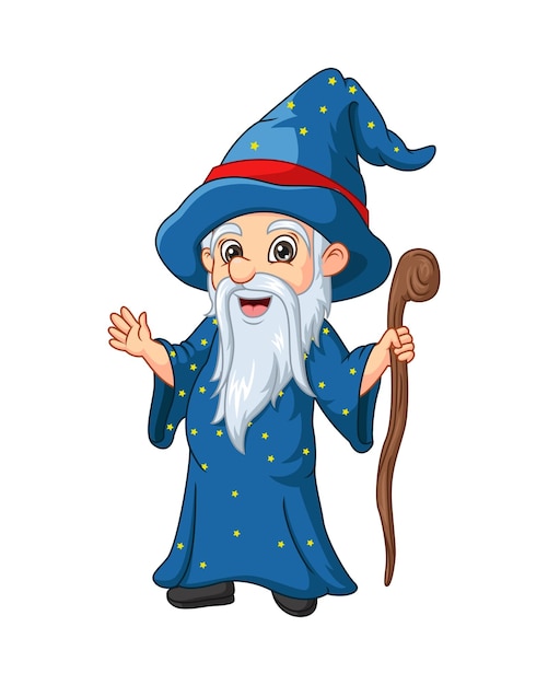 Cartoon old wizard holding stick