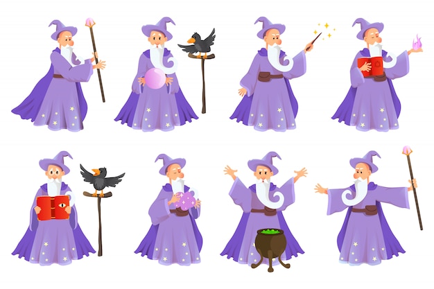 Cartoon old wizard in various poses. Sorcerer character in costume, spell magician, witchcraft and magical illustration
