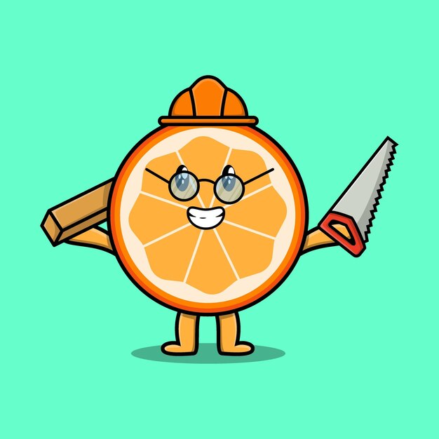 Vector cartoon orange fruit carpenter with saw and wood