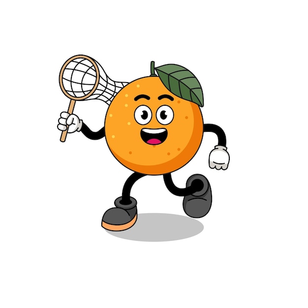 Cartoon of orange fruit catching a butterfly character design