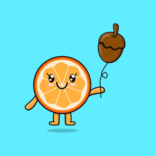 Cartoon orange fruit floating with acorn balloon