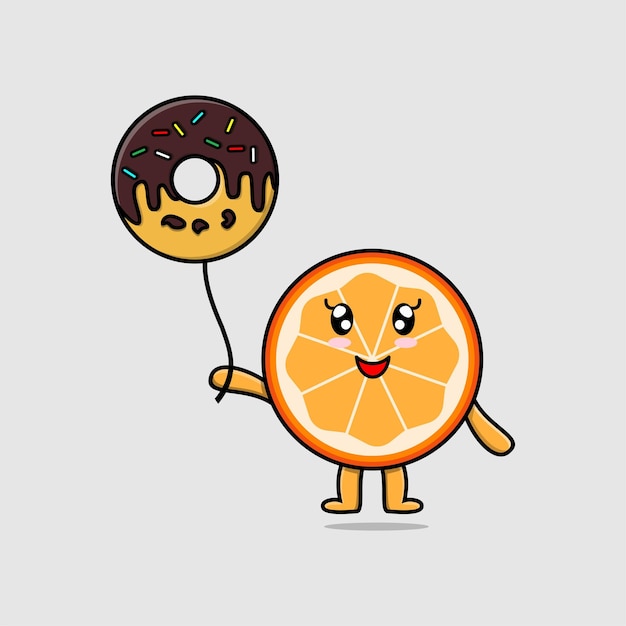 Cartoon orange fruit floating with donuts balloon