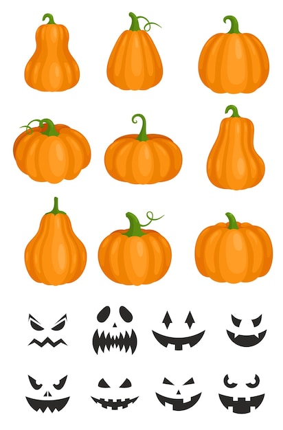 Cartoon orange pumpkin jack lantern angry carved black faces for autumn helloween party isolated on