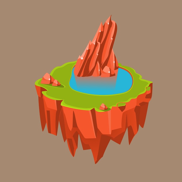 Cartoon Orange Stone Isometric Island with Lake and Cliff for Game, Vector Illustration