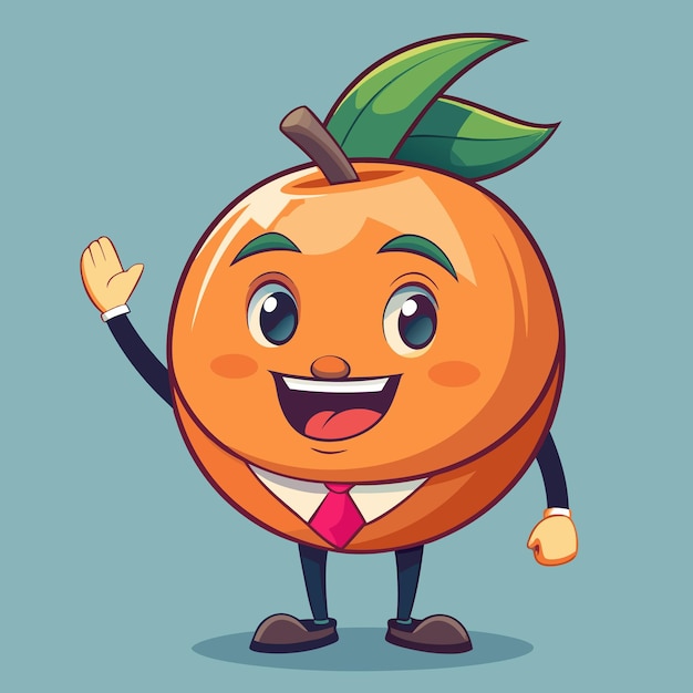 Vector cartoon orange with a smile wearing a suit and a tie waving hello