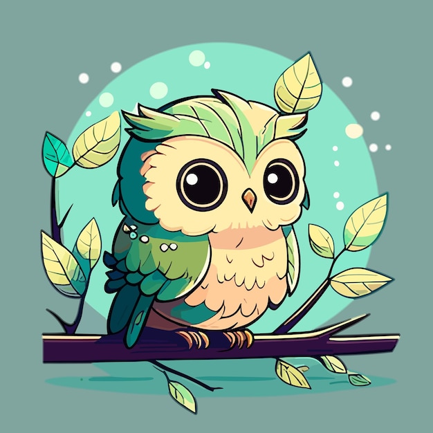 A cartoon owl sits on a branch with green leaves and the words owl on the front