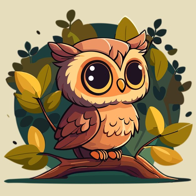 Vector a cartoon owl sits on a branch with yellow leaves in the background