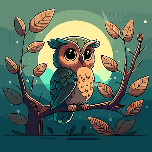 A cartoon owl sits on a tree branch with the moon in the background