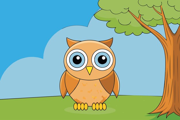 Vector a cartoon of an owl sitting on a branch with trees in the background