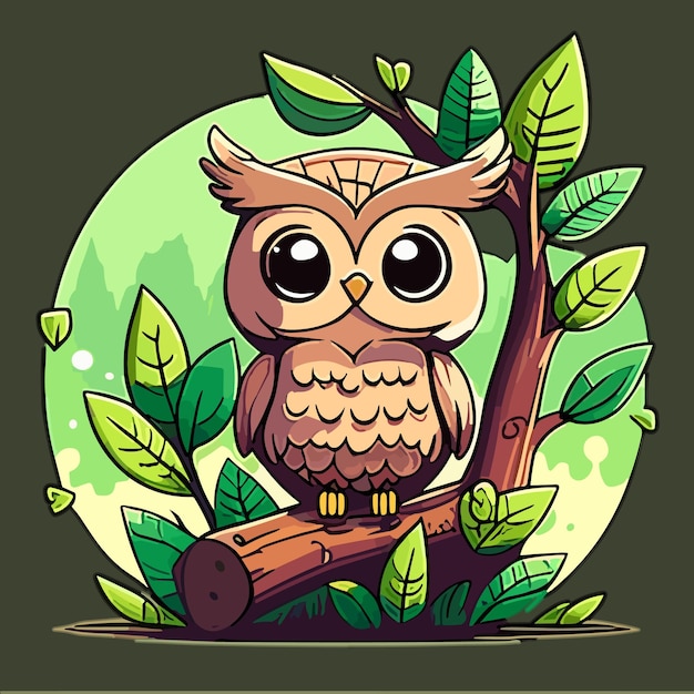 Cartoon owl on a tree branch