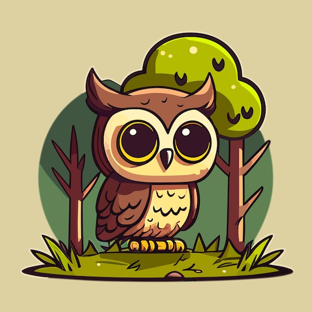 Vector cartoon owl with big eyes sits in the grass