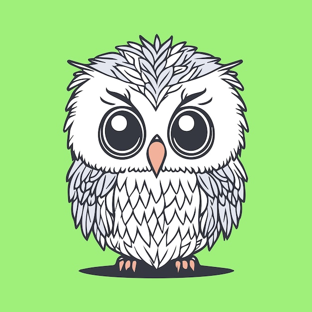 A cartoon owl with big eyes sits on a green background.