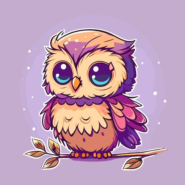 Cartoon owl with big eyes sitting on a branch