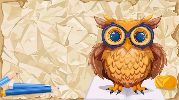 Vector a cartoon owl with blue glasses and a pencil