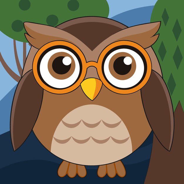 Vector a cartoon owl with glasses and a blue background with a picture of a tree