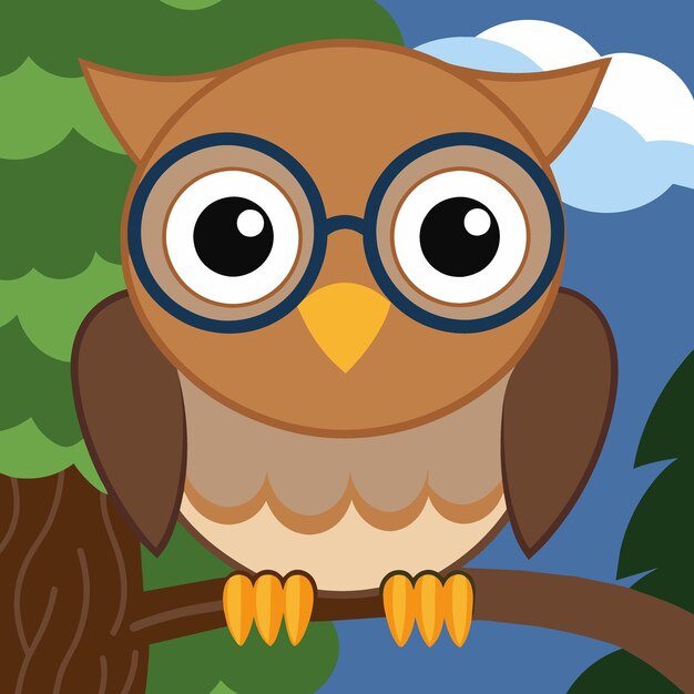 Vector a cartoon owl with glasses on a blue background with a sky background