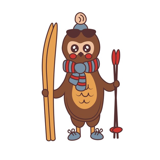 Cartoon owl with skis