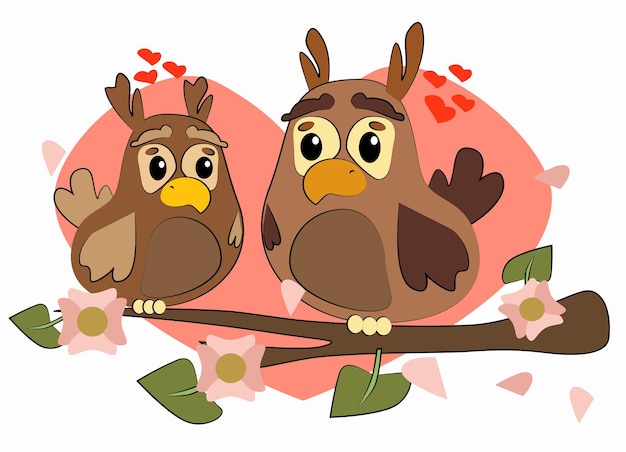 Cartoon owls in love sit on a branch nearby